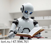 Гуманоидный робот читает книгу, минималистичная белая лаборатория, мягкий свет, чистая эстетика. Стоковое AI-изображение, AI-художник Ольга Денис / Фотобанк Лори