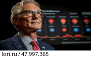 A seasoned expert passionately addresses an audience, highlighting economic indicators on visual displays in a modern conference setting. Стоковое AI-изображение, AI-художник Данила Большаков / Фотобанк Лори