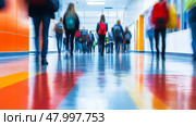 A somewhat blurry hospital corridor filled with numerous people walking about on their various errands and duties. Стоковое AI-изображение, AI-художник Anastasy Yarmolovich / Фотобанк Лори