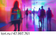 A somewhat blurry hospital corridor filled with numerous people walking about on their various errands and duties. Стоковое AI-изображение, AI-художник Anastasy Yarmolovich / Фотобанк Лори