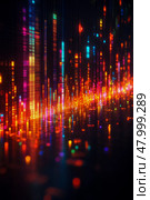 Bright colors and light patterns intersect in a dynamic display, casting reflections in a dark space and creating mesmerizing abstract art. Стоковое AI-изображение, AI-художник Данила Большаков / Фотобанк Лори