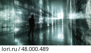 A figure walks through a dark corridor illuminated by bright digital screens, creating an atmosphere of technology and intrigue. Стоковое AI-изображение, AI-художник Данила Большаков / Фотобанк Лори