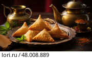 snack samosa indian food teatime ai generated. Стоковое AI-изображение, AI-художник Vectorwin / Фотобанк Лори