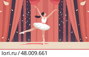 A ballet dancer showcases her skills on stage amidst colorful curtains and falling petals. Стоковое AI-изображение, AI-художник Данила Большаков / Фотобанк Лори