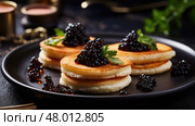 blinis gourmet seafood food caviar ai generated. Стоковое AI-изображение, AI-художник Vectorwin / Фотобанк Лори