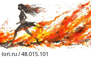 A woman sprints energetically as vibrant flames surround her in a dramatic display of movement and passion. Стоковое AI-изображение, AI-художник Данила Большаков / Фотобанк Лори