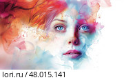 A woman’s portrait blends seamlessly with vibrant watercolor splashes highlighting her expressive features. Стоковое AI-изображение, AI-художник Данила Большаков / Фотобанк Лори
