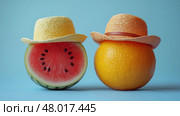 Cute fruits with tiny funny hats, watermelon with cowboy hat, orange with sunhat. Симпатичные фрукты в маленьких смешных шляпах, арбуз в ковбойской шляпе, апельсин в шляпе от солнца. Стоковое AI-изображение, AI-художник Katsiaryna Repich / Фотобанк Лори