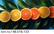 Slices of fresh citrus fruit with green leaves on blue background. Дольки свежих цитрусовых фрктов с зелеными листьями на голубом фоне. Стоковое AI-изображение, AI-художник Katsiaryna Repich / Фотобанк Лори