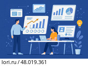 Male character explains data analysis report using digital charts while female coworker works with laptop in modern office workplace illustration style. Стоковое AI-изображение, AI-художник Павел Муравьев / Фотобанк Лори