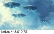 Four alien spacecrafts illuminate the sky while hovering over a calm, blue backdrop filled with clouds. Стоковое AI-изображение, AI-художник Данила Большаков / Фотобанк Лори
