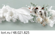 Two dairy cows emerging from splash of milk with white flowers on pastel background, conceptual and artistic milk advertisement. Две дойные коровы, выходящие из брызг молока с белыми цветами на пастельном фоне, концептуальная и художественная реклама молока. Стоковое AI-изображение, AI-художник Katsiaryna Repich / Фотобанк Лори