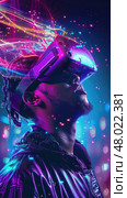 A person is immersed in vibrant digital effects while wearing a virtual reality headset under neon lights. Стоковое AI-изображение, AI-художник Данила Большаков / Фотобанк Лори