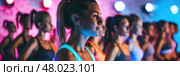 A group of women engages in a synchronized fitness class amid colorful lighting. Стоковое AI-изображение, AI-художник Данила Большаков / Фотобанк Лори