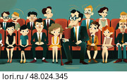 A group of children and adults sit excitedly in a theater, ready for the show to begin. Стоковое AI-изображение, AI-художник Данила Большаков / Фотобанк Лори