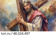 Depiction of a Figure Carrying a Cross in a Serene Landscape With a Somber Expression and a Dramatic Sky. Стоковое AI-видео, аниматор Оксана Медведева / Фотобанк Лори