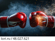 two boxing gloves clashing in a test. Стоковое фото, фотограф Anastasy Yarmolovich / Фотобанк Лори