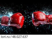 two boxing gloves clashing in a test. Стоковое AI-изображение, AI-художник Anastasy Yarmolovich / Фотобанк Лори