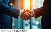 Hands Shaking in Warm Lighting, Representing Collaboration in Corporate Training, Consulting, and Teamwork Concepts. Стоковое AI-изображение, AI-художник Sergey Grishin / Фотобанк Лори