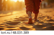 A Child's Bare Feet Tread Across Heated Sand, Symbolizing the Struggles of Imam Hussain's Family. Стоковое AI-изображение, AI-художник Sergey Grishin / Фотобанк Лори