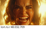 Close-up of a womans face, screaming, golden light. Стоковое AI-изображение, AI-художник Данила Большаков / Фотобанк Лори