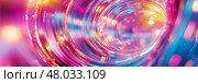 Abstract Swirling Neon Lightscape: A vibrant, colorful tunnel of light and motion. Стоковое AI-изображение, AI-художник Данила Большаков / Фотобанк Лори