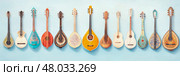 A Row of Ornate Stringed Instruments. Стоковое AI-изображение, AI-художник Данила Большаков / Фотобанк Лори