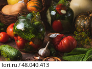 Банка с засоленными огурцами и помидорами. Стоковое фото, фотограф Светлана Денисова / Фотобанк Лори