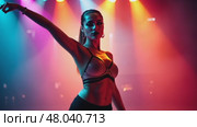 A woman in a bright costume dancing under light effects, front view, bright lighting, energetic color palette with neons and black. Стоковое AI-видео, аниматор Sergey Grishin / Фотобанк Лори