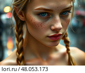 Красивая славянская девушка с веснушками. Стоковое AI-изображение, AI-художник Ольга Денис / Фотобанк Лори