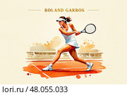 Female tennis player in action at roland garros. Стоковое AI-изображение, AI-художник Башкирова Анна / Фотобанк Лори