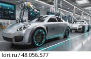 Electric car manufacturing process with robotic arms in a modern factory. Стоковое AI-видео, аниматор Юрий Поздников / Фотобанк Лори
