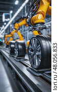 Robotic arm handling car wheel in automated factory. Стоковое AI-видео, аниматор Юрий Поздников / Фотобанк Лори