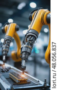 Robotic arms performing automated circuit board assembly. Стоковое AI-видео, аниматор Юрий Поздников / Фотобанк Лори