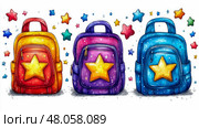 Colorful Back to School Backpacks with Stars: A whimsical illustration of three vibrant backpacks, each adorned with a star and surrounded by smaller stars, perfect for back-to-school promotions. Стоковое AI-изображение, AI-художник Данила Большаков / Фотобанк Лори