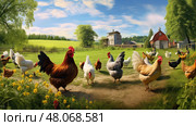 rooster farm chickens ai generated. Стоковое AI-изображение, AI-художник Vectorwin / Фотобанк Лори