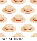 Seamless pattern with isometric boater hats with red ribbon. Summer headgear sun protector. Objects isolated on white background. Стоковая иллюстрация, иллюстратор Игорь Сорокин / Фотобанк Лори