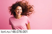 shirt happy woman pink background Finally in ai generated. Стоковое AI-изображение, AI-художник Vectorwin / Фотобанк Лори