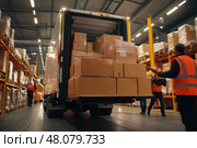 A large delivery truck displays its efficient logistics. The open rear doors reveal perfectly organized cardboard boxes, emphasizing the meticulous nature of modern supply chains. Стоковое AI-изображение, AI-художник Nart / Фотобанк Лори