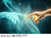 A luminous human hand reaches toward a robotic counterpart, glowing warmly against the android's cold, blue light. This striking image symbolizes the futuristic interplay between humanity and technology. Стоковое AI-изображение, AI-художник Nart / Фотобанк Лори