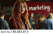 Brightly lit creative office space hosts a marketing workshop where a young woman with red hair stands confidently, engaging with attendees. Стоковое AI-изображение, AI-художник Данила Большаков / Фотобанк Лори