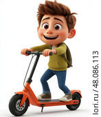 A cartoon boy is riding a scooter. Стоковое AI-изображение, AI-художник Ярославский Максим / Фотобанк Лори