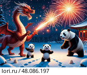 A dragon is attacking two panda bears. Стоковое AI-изображение, AI-художник Ярославский Максим / Фотобанк Лори