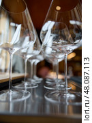 Clean wine glasses are on the table of a special wine cabinet, stylish table setting, ice, bottle of sparkling wine, light from window, decoder and degasser. Стоковое фото, фотограф Vladimir Drozdin / Фотобанк Лори