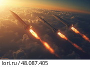 A group of missiles flying high in the sky.. Группа ракет, летящих высоко в небе. Стоковое AI-изображение, AI-художник Katsiaryna Repich / Фотобанк Лори