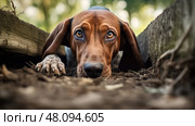 hunting hound dog sniffing ai generated. Стоковое AI-изображение, AI-художник Vectorwin / Фотобанк Лори