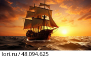 captain pirate ship sailing to sea ai generated. Стоковое AI-изображение, AI-художник Vectorwin / Фотобанк Лори