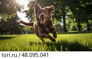 fetch dog playing in park ai generated. Стоковое AI-изображение, AI-художник Vectorwin / Фотобанк Лори