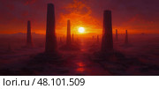 A vibrant sunset casts warm colors over towering monoliths in a surreal landscape, creating an enchanting and otherworldly atmosphere. Стоковое AI-изображение, AI-художник Данила Большаков / Фотобанк Лори