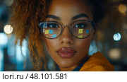 A young woman focuses intently while wearing glasses that reflect vibrant sticky notes, indicating a collaborative workspace filled with ideas. Стоковое AI-изображение, AI-художник Данила Большаков / Фотобанк Лори
